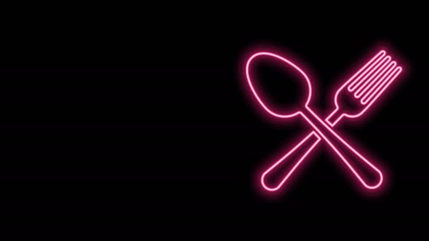 Glowing neon line Crossed fork and spoon icon isolated on black background. Cooking utensil. Cutlery sign. 4K Video motion graphic animation — Stock Video