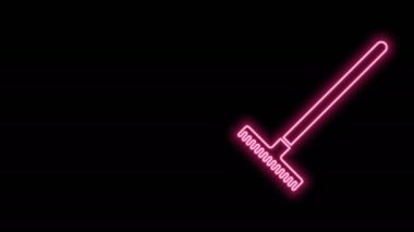 Parlayan neon çizgisi tırmık simgesi siyah arkaplanda izole edildi. Bahçecilik, tarım, çiftçilik aleti. Toprak işçisi. Temizlik ekipmanları. 4K Video hareketli grafik canlandırması