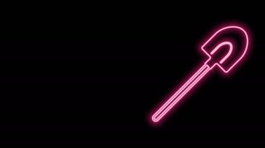 Parlayan neon hattı bahçe kürek ikonu siyah arka planda izole edildi. Bahçe aletleri. Bahçecilik, tarım, çiftçilik aleti. 4K Video hareketli grafik canlandırması