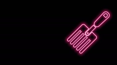 Parlayan neon çizgisi çatal simgesi siyah arkaplanda izole edildi. Pitchfork ikonu. Bahçecilik, tarım, çiftçilik aleti. 4K Video hareketli grafik canlandırması
