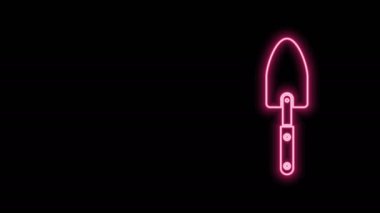 Parlayan neon hattı bahçe küreği ya da kürek ikonu siyah arkaplanda izole edilmiş. Bahçe aletleri. Bahçecilik, tarım, çiftçilik aleti. 4K Video hareketli grafik canlandırması
