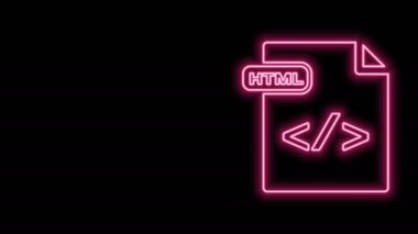 Parlayan neon hattı HTML dosya belgesi. Siyah arkaplanda html düğmesi simgesi indir. HTML dosya simgesi. İşaretleme dili sembolü. 4K Video hareketli grafik canlandırması