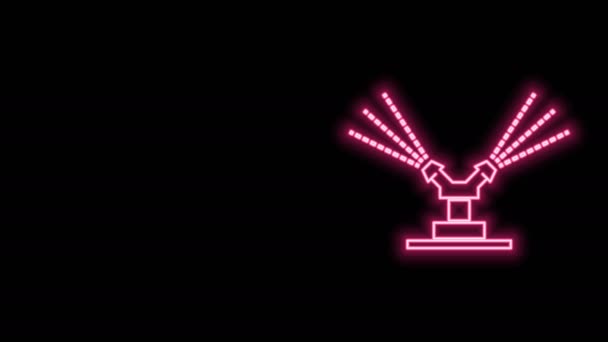 Ragyogó neon vonal Automatikus öntözés esőztetők ikon elszigetelt fekete háttérrel. Öntözőfelszerelés. Kerti elem. Szórópisztoly ikon. 4K Videó mozgás grafikus animáció — Stock videók