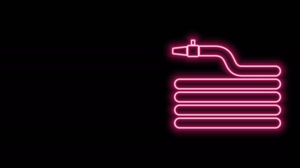 Gloeiende neon lijn Tuinslang of brandslang pictogram geïsoleerd op zwarte achtergrond. Spuitpistool icoon. Besproeiingsapparatuur. 4K Video motion grafische animatie — Stockvideo