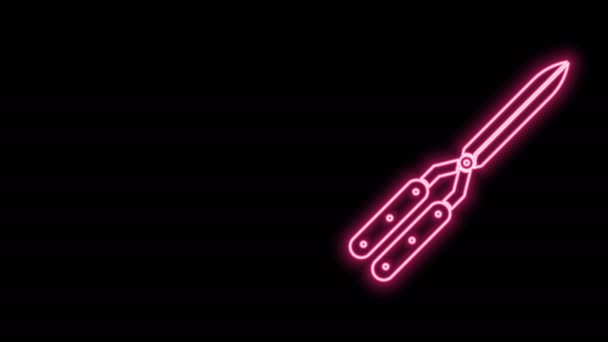 Glödande neon line Trädgårdsarbete handgjorda sax för trimning ikon isolerad på svart bakgrund. Klippsaxar med trähandtag. 4K Video motion grafisk animation — Stockvideo