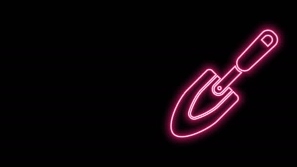 Gloeiende neon lijn Tuin troffel spade of schop pictogram geïsoleerd op zwarte achtergrond. Tuingereedschap. Gereedschap voor tuinbouw, landbouw, landbouw. 4K Video motion grafische animatie — Stockvideo