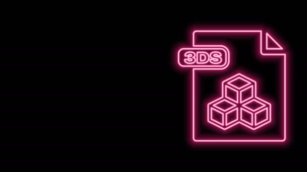 Świecący neonowy dokument 3DS. Pobierz ikonę przycisku 3D izolowaną na czarnym tle. Symbol pliku 3DS. 4K Animacja graficzna ruchu wideo — Wideo stockowe