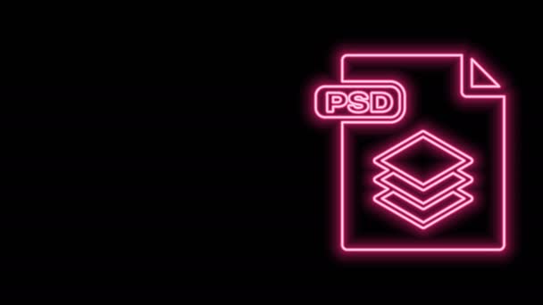 Świecący neonowy dokument PSD. Pobierz ikonę przycisku psd izolowaną na czarnym tle. Symbol pliku PSD. 4K Animacja graficzna ruchu wideo — Wideo stockowe