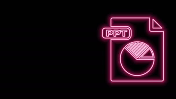 Świecący neonowy dokument PPT. Pobierz ikonę przycisku ppt izolowaną na czarnym tle. Prezentacja pliku PPT. 4K Animacja graficzna ruchu wideo — Wideo stockowe