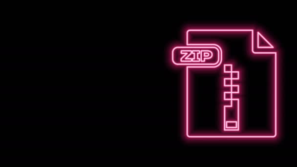 Glowing neon line ZIP file document. Download zip button icon isolated on black background. ZIP file symbol. 4K Video motion graphic animation — Stock Video