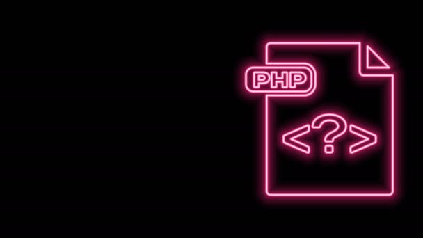Parlayan neon hattı PHP dosya belgesi. php düğmesi simgesi siyah arkaplanda izole edildi. PHP dosya sembolü. 4K Video hareketli grafik canlandırması — Stok video