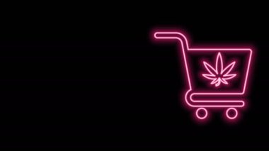 Siyah arka planda marihuana ya da kenevir yaprağı ikonu olan parlak neon şeritli alışveriş arabası. İnternetten satın alma. Teslimat servisi. Süpermarket sepeti. 4K Video hareketli grafik canlandırması