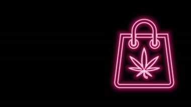 Parlayan neon hattı. Siyah arka planda izole edilmiş tıbbi marihuana veya kenevir yaprağı ikonu torbası. Kenevir almak. Kenevir sembolü. 4K Video hareketli grafik canlandırması