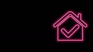 Siyah arkaplanda işaret simgesi olan parlak neon çizgili ev. Emlakçı ya da köy elit sınıfı. 4K Video hareketli grafik canlandırması