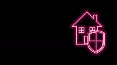 Parlayan neon çizgili ev siyah arka planda izole edilmiş koruma simgesi altında. Ev ve kalkan. Koruma, güvenlik, güvenlik, koruma, savunma konsepti. 4K Video hareketli grafik canlandırması