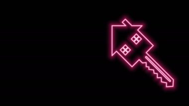 Siyah arkaplanda anahtar simgesi olan parlak neon hattı House. Ev anahtarının konsepti. 4K Video hareketli grafik canlandırması