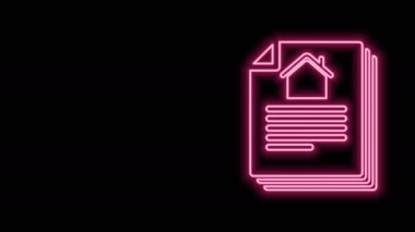 Parlayan neon çizgisi ev sözleşmesi ikonu siyah arka planda izole edildi. Sözleşme oluşturma hizmeti, belge oluşumu, başvuru formu bileşimi. 4K Video hareketli grafik canlandırması