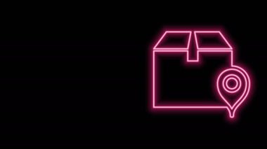 Siyah arkaplanda izole edilmiş karton kutu simgesiyle parlayan neon çizgi konumu. Teslimat hizmetleri, lojistik ve ulaşım, yer değiştirme, dağıtım. 4K Video hareketli grafik canlandırması
