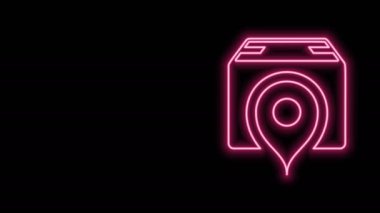 Siyah arkaplanda izole edilmiş karton kutu simgesiyle parlayan neon çizgi konumu. Teslimat hizmetleri, lojistik ve ulaşım, yer değiştirme, dağıtım. 4K Video hareketli grafik canlandırması