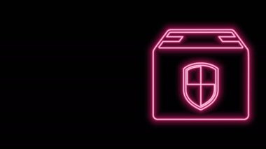 Parlayan neon hattı Sevkiyat paketi güvenlik sembolü ve siyah arka planda izole edilmiş kalkan simgesi. Teslimat sigortası. Kalkanın ötesinde sigorta kutuları var. 4K Video hareketli grafik canlandırması