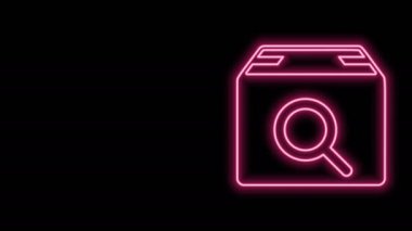 Parlayan neon hattı Arama paketi simgesi siyah arkaplanda izole edildi. Paket izleme sembolü. Büyüteç ve karton kutu. Lojistik ve teslimat. 4K Video hareketli grafik canlandırması