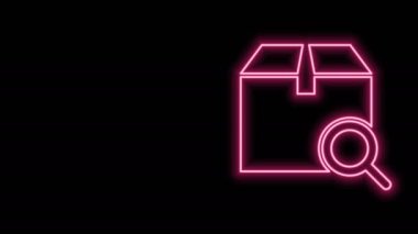 Parlayan neon hattı Arama paketi simgesi siyah arkaplanda izole edildi. Paket izleme sembolü. Büyüteç ve karton kutu. Lojistik ve teslimat. 4K Video hareketli grafik canlandırması