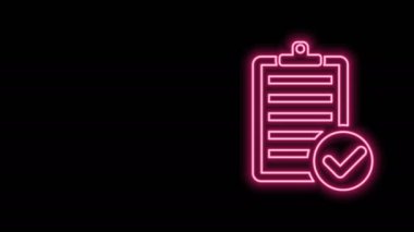 Parlayan neon hattı iletim listesi panosu ve kalem simgesinin doğrulanması siyah arkaplanda izole edildi. 4K Video hareketli grafik canlandırması
