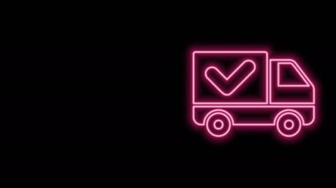 Siyah arkaplanda işaret simgesi olan parlak neon hattı nakliye kamyonu. 4K Video hareketli grafik canlandırması