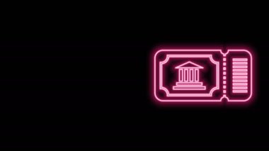 Parlayan neon hattı müze bileti simgesi siyah arka planda izole edildi. Tarih müzesi bileti etkinliği sergi gezisini kabul ediyor. 4K Video hareketli grafik canlandırması