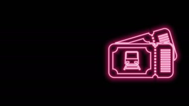 Parlayan neon hattı tren bileti ikonu siyah arka planda izole edildi. Demiryolu ile seyahat et. 4K Video hareketli grafik canlandırması