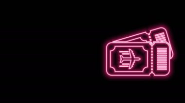 Parlayan neon hattı uçak bileti ikonu siyah arka planda izole edildi. Uçak bileti. 4K Video hareketli grafik canlandırması
