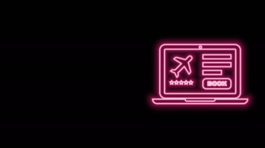 Siyah arka planda elektronik geçiş kartı olan parlak neon hattı dizüstü bilgisayar. Web ve uygulama için yolcu uçağı bileti. 4K Video hareketli grafik canlandırması