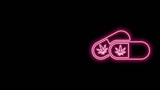 Linha de néon brilhante Pílulas médicas com ícone de folha de maconha ou cannabis isolado no fundo preto. Mock up de extratos de óleo de cannabis em frascos. Animação gráfica em movimento de vídeo 4K — Vídeo de Stock