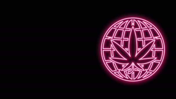 Świecąca neonowa linia Zalegalizować marihuanę lub ikonę symbolu globu konopi odizolowanych na czarnym tle. Symbol konopi. 4K Animacja graficzna ruchu wideo — Wideo stockowe