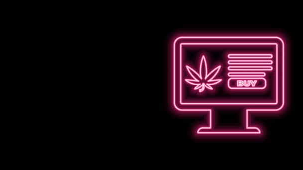 Linha de néon brilhante Monitor de computador e marijuana medicinal ou ícone de folha de cannabis isolado em fundo preto. Símbolo de compra online. Cesta de supermercado. Animação gráfica em movimento de vídeo 4K — Vídeo de Stock