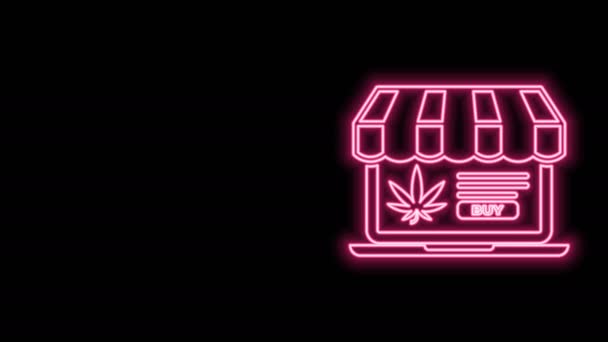 Linea neon luminosa Laptop e marijuana medica o icona di foglie di cannabis isolate su sfondo nero. Simbolo di acquisto online. Cesto del supermercato. Animazione grafica 4K Video motion — Video Stock