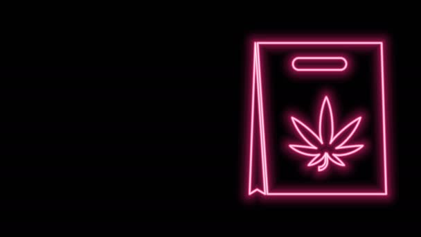 Linea al neon luminosa Sacchetto di carta shopping di marijuana medica o icona di foglie di cannabis isolata su sfondo nero. Comprare cannabis. Simbolo di canapa. Animazione grafica 4K Video motion — Video Stock