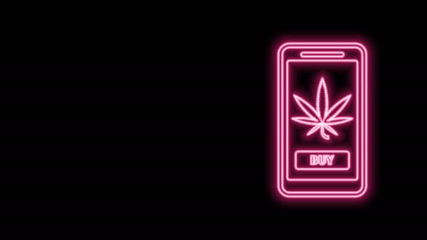 Linea neon incandescente Telefono cellulare e marijuana medica o icona di foglie di cannabis isolate su sfondo nero. Simbolo di acquisto online. Cesto del supermercato. Animazione grafica 4K Video motion — Video Stock