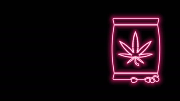 Leuchtende Neon Line Marihuana oder Cannabis-Samen in einer Tüte Symbol isoliert auf schwarzem Hintergrund. Hanf-Symbol. Der Prozess des Anbaus von Marihuana. 4K Video Motion Grafik Animation — Stockvideo