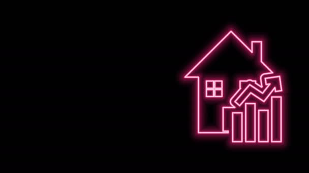 Glowing neon line Rising cost of housing icon isolated on black background. Rising price of real estate. Residential graph increases. 4K Video motion graphic animation — Stock Video