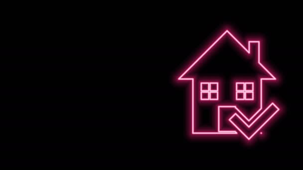 Glowing neon line House with check mark icon isolated on black background. Real estate agency or cottage town elite class. 4K Video motion graphic animation — Stock Video