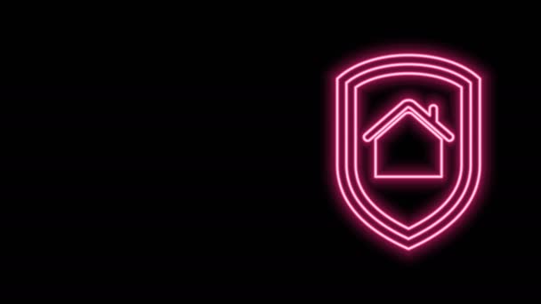 Zářící neonová čára Dům pod ochranou ikony izolované na černém pozadí. Domov a štít. Ochrana, bezpečnost, ochrana, obrana, obrana. Grafická animace pohybu videa 4K — Stock video