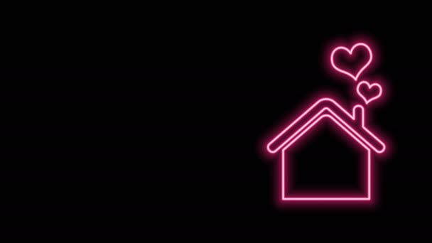 Leuchtende Neon-Linie Haus mit Herz-Form-Symbol isoliert auf schwarzem Hintergrund. Liebe Heimatsymbol. Familie, Immobilien und Immobilien. 4K Video Motion Grafik Animation