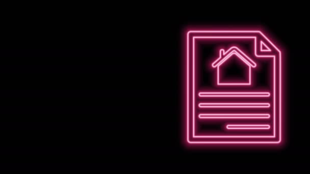 Parlayan neon çizgisi ev sözleşmesi ikonu siyah arka planda izole edildi. Sözleşme oluşturma hizmeti, belge oluşumu, başvuru formu bileşimi. 4K Video hareketli grafik canlandırması — Stok video