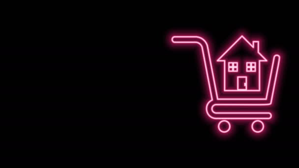 Glowing neon line Shopping cart with house icon isolated on black background. Buy house concept. Home loan concept, rent, buying a property. 4K Video motion graphic animation — Stock Video