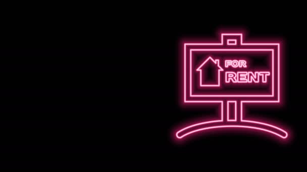 ネオンラインの輝きテキスト付きのハンギングサイン黒い背景に隔離された賃貸アイコン。レンタル用テキスト付きの看板。4Kビデオモーショングラフィックアニメーション — ストック動画