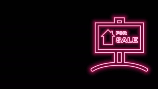Gloeiende neon lijn Opknoping bord met tekst Te koop pictogram geïsoleerd op zwarte achtergrond. Signboard met tekst Te koop. 4K Video motion grafische animatie — Stockvideo
