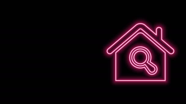 Świecąca neonowa linia Szukaj ikony domu na czarnym tle. Symbol nieruchomości domu pod szkłem powiększającym. 4K Animacja graficzna ruchu wideo — Wideo stockowe