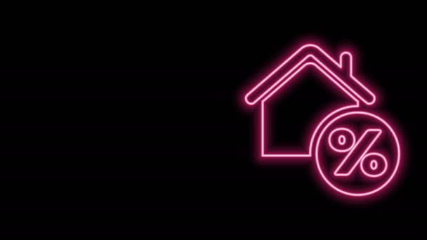 Leuchtende Neon-Linie Haus mit Percant Discount-Tag-Symbol isoliert auf schwarzem Hintergrund. Haus Prozentsatz Zeichen Preis. Immobilien zu Hause. Kreditanteil-Symbol. 4K Video Motion Grafik Animation — Stockvideo