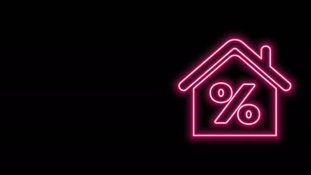 Illuminante neon linea Casa con percant icona tag sconto isolato su sfondo nero. Prezzo del segno percentuale della casa. Casa immobiliare. Simbolo percentuale di credito. Animazione grafica 4K Video motion — Video Stock